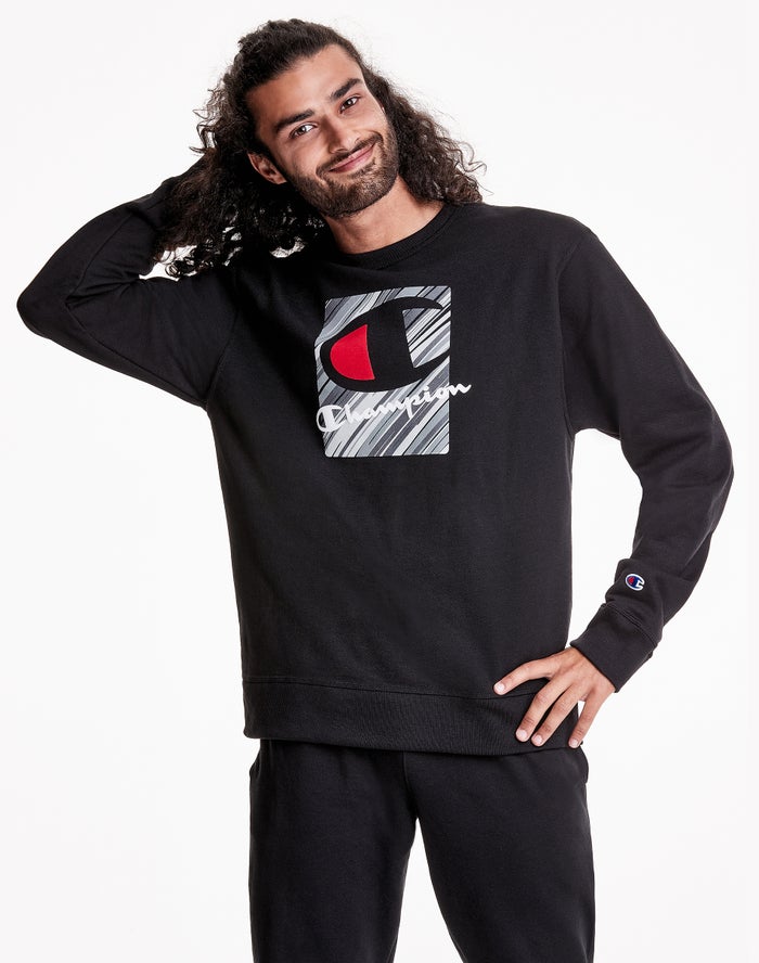 Champion Mens Sweatshirt NZ - Powerblend Fleece Crew Inset Rectangle Logo  Black ( 6409-EWYKG )